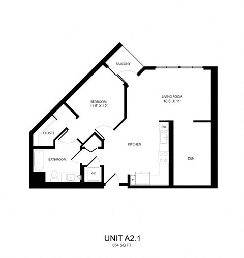 Floor plan for 1 bed, 1 bath, 854 sqft
